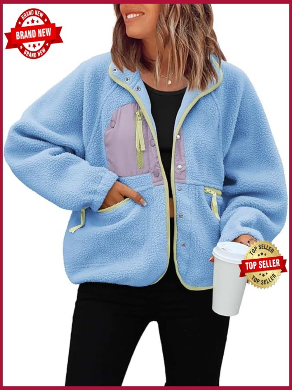 Cropped Fuzzy Fleece Jacket Lapel Button Down Winter Coat with Pockets